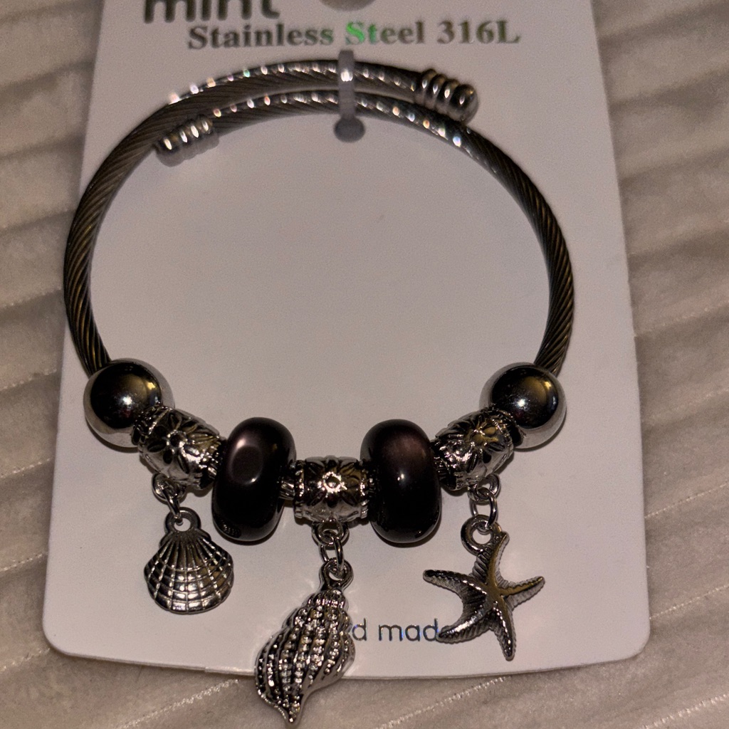 Mint Silver Tone Cable Charm Bangle With Dark Brown Glass Beads 10$